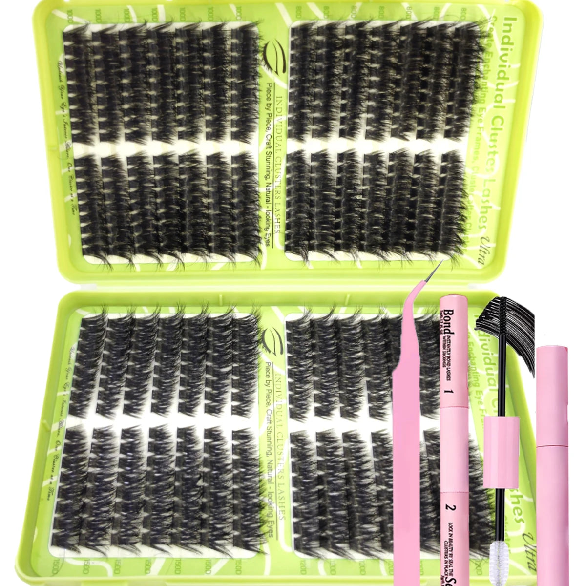 A green plastic box containing individual clusters of black lash extensions and a pink tool kit for DIY lash application