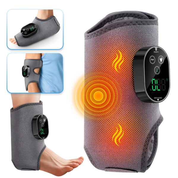 A gray heated vibration foot ankle massager device shown on a foot and in close-up views.