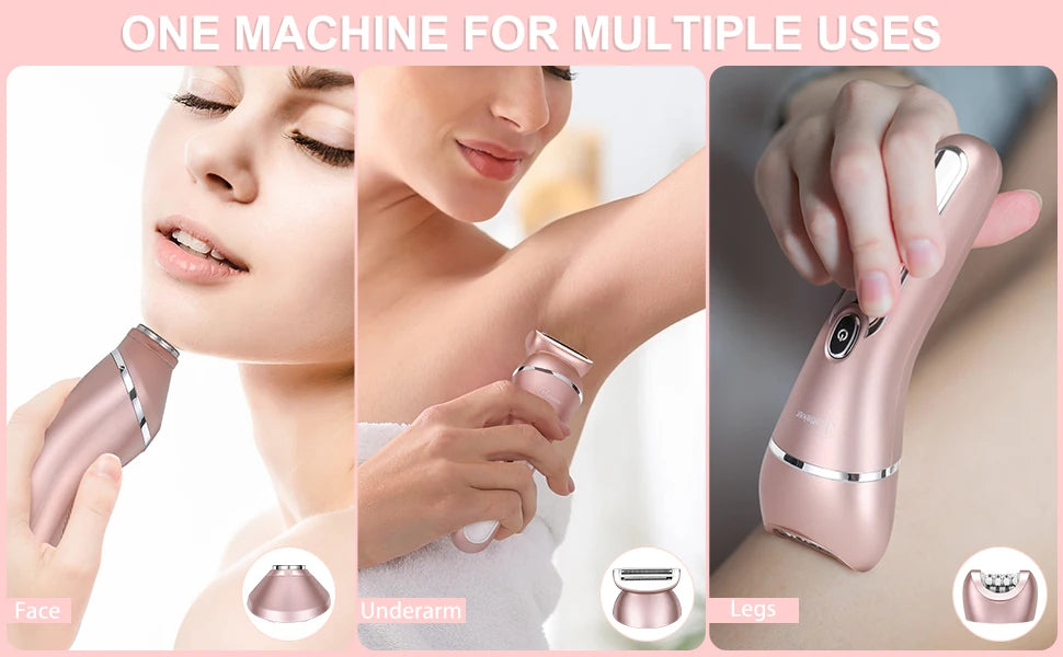 A pink multi-functional electric grooming device shown being used on the face, underarm, and legs.
