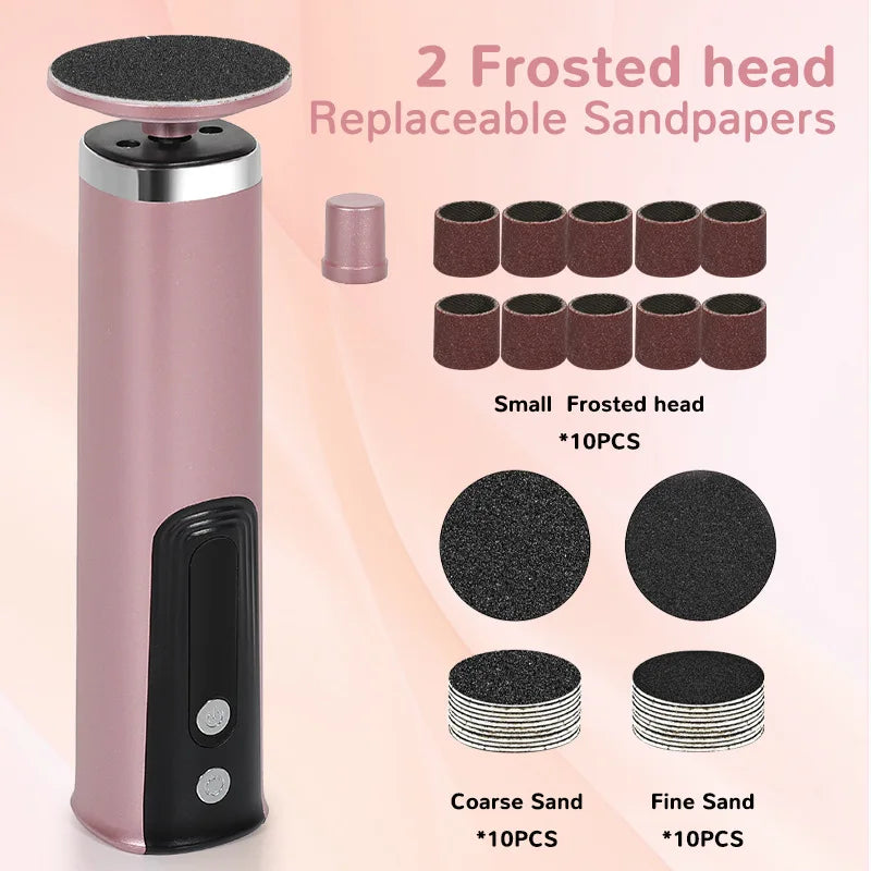 A pink and black electric foot callus remover with two frosted head replaceable sandpaper pads shown alongside various sandpa