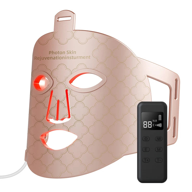 A rose gold photon skin rejuvenation mask and a black device are shown together.