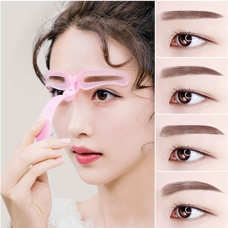 A woman applies a pink reusable eyebrow shaping stencil to her eye, showing the before and after results.