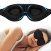 A person is applying a black 3D full shading sleep mask for eye relief to their face.