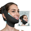 A woman is shown wearing a black V-line chin strap beauty tool for facial shaping.