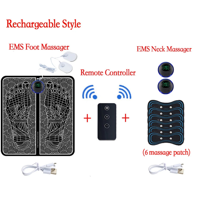 A set of portable EMS foot and neck massagers including a remote controller and massage patches