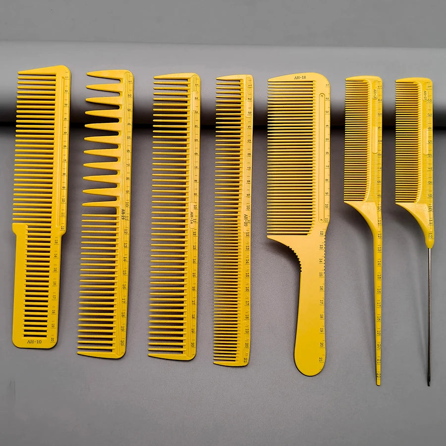 A set of seven yellow professional hair styling combs displayed in a row against a gray background.