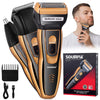 A gold and black multifunction shaver set with a charging cable and shaving foils shown next to a man using the device.