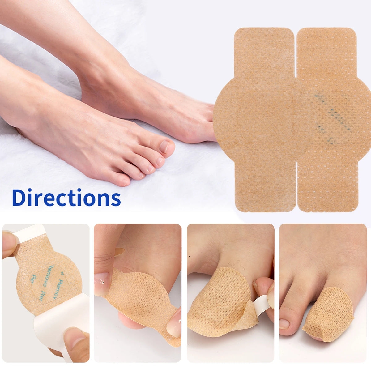 Instrucciones para aplicar un parche contra el hongo de uñas impermeable para reparar el dedo del pie.