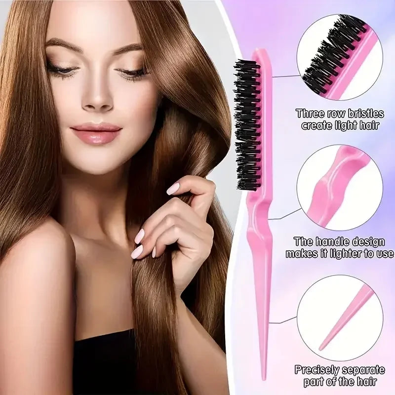 A pink hair styling brush set with a spray bottle showing how to create light hair and separate hair parts.