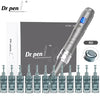 A silver Dr. pen microneedling device with multiple needle attachments shown next to the main unit.