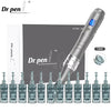 A silver Dr. pen microneedling device shown next to various glass cartridges.