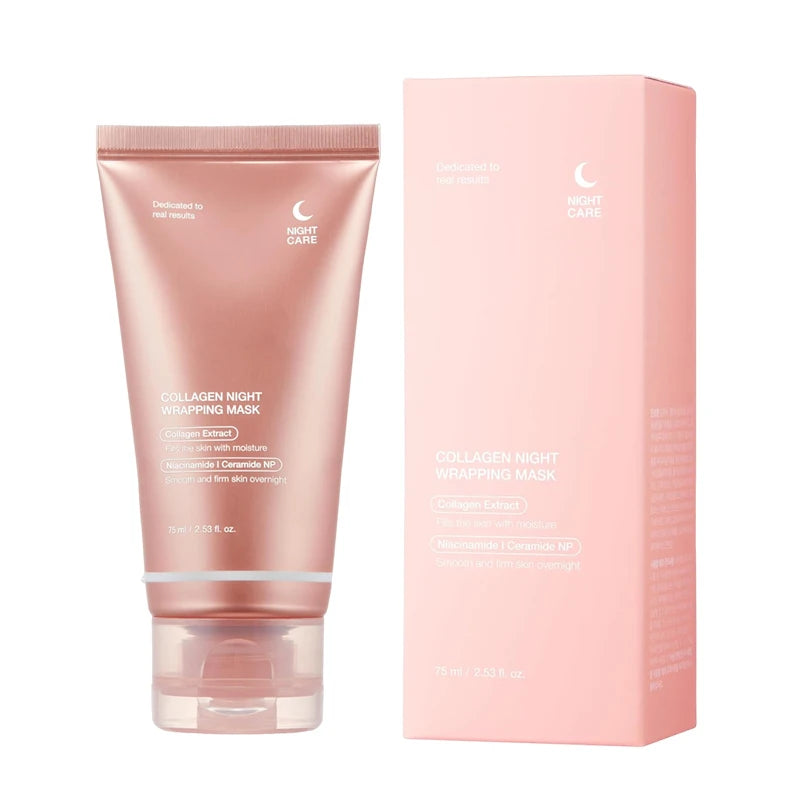 Rosa Tube Kollagen Nacht-Wrapping-Maske und ihre Verpackung für die PDRN Kollagen-Overnight-Gesichtsmaske.
