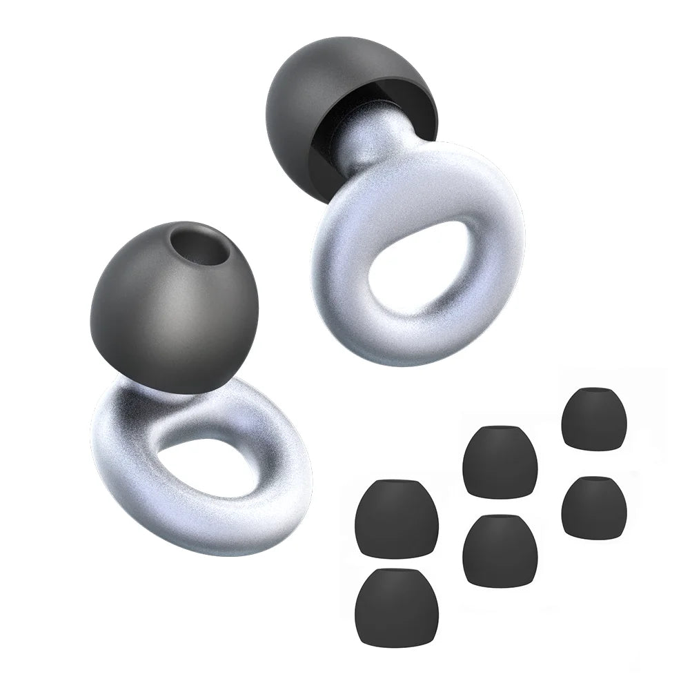 A set of black and silver silicone ear plugs for noise reduction, showing various sizes and shapes.