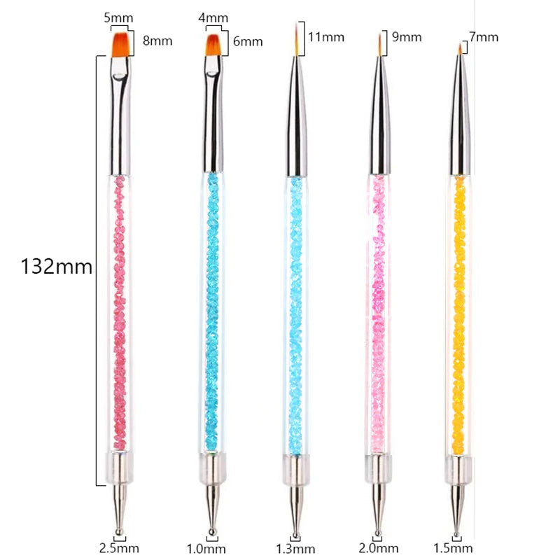 A set of precision nail art brushes with various sizes and colors for gel and acrylic polish application.