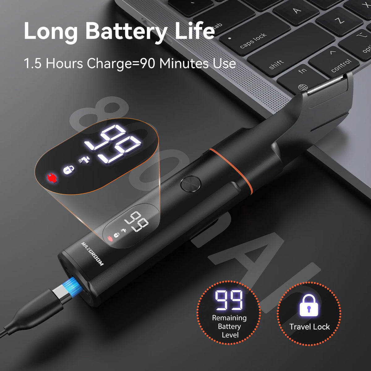A black body hair trimmer with a digital display showing 99% battery level and a travel lock icon.