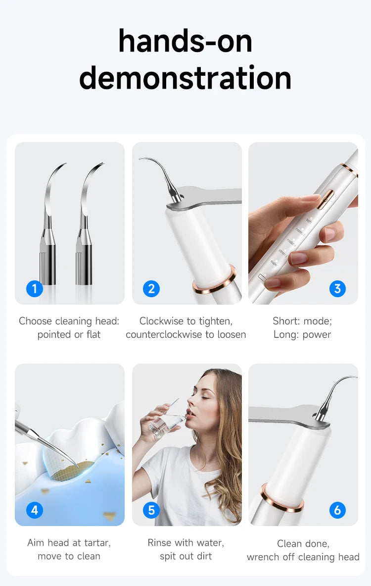 Demonstration of a smart ultrasonic tooth cleaner showing how to choose heads, use the device, and clean teeth.