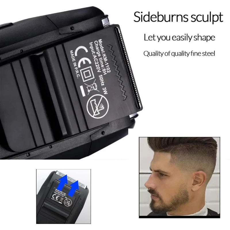 Black Sideburns sculpt electric shaver with a close-up view and a man using it.