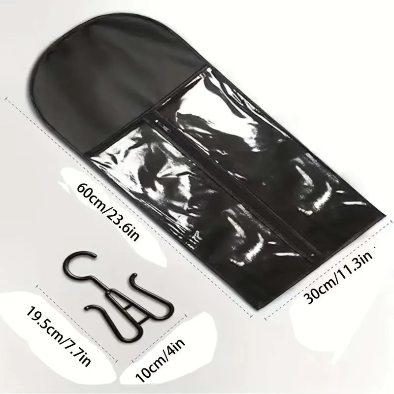 Black wig storage bag with a hanger shown diagonally, with various dimensions marked.
