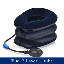 Blue 3-layer inflatable cervical neck traction pillow with a tube