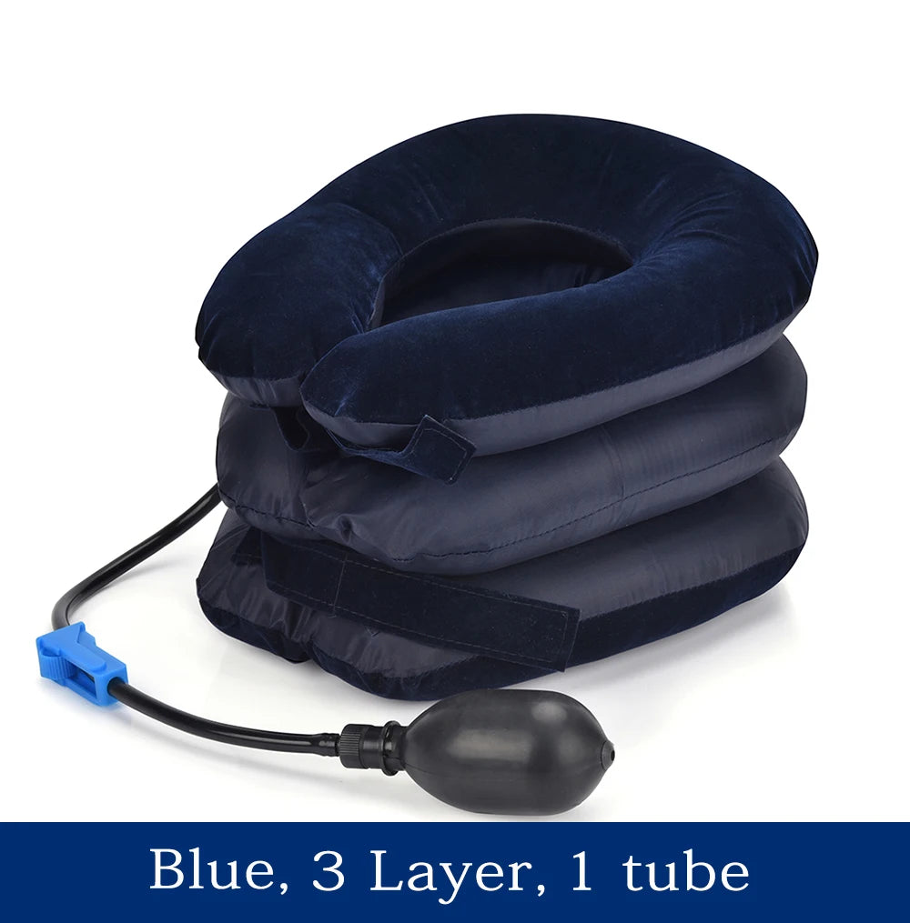 Blue 3-layer inflatable cervical neck traction pillow with a tube
