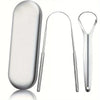 A set of stainless steel tongue scrapers for oral hygiene, including a long scraper and a small loop tool.