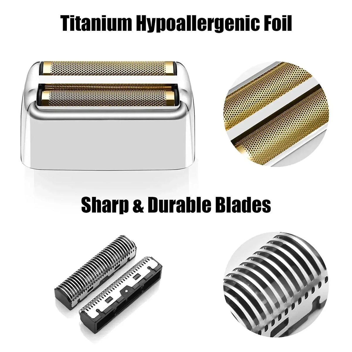 Titanium hypoallergenic foil and sharp durable blades for a shaver.