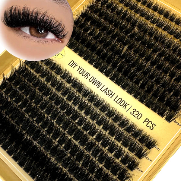 A close-up of a box containing 320 lash clusters for DIY eyelash extensions, showing the natural mink-like black lashes.