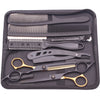 A black case containing professional stainless steel hairdressing scissors and combs.