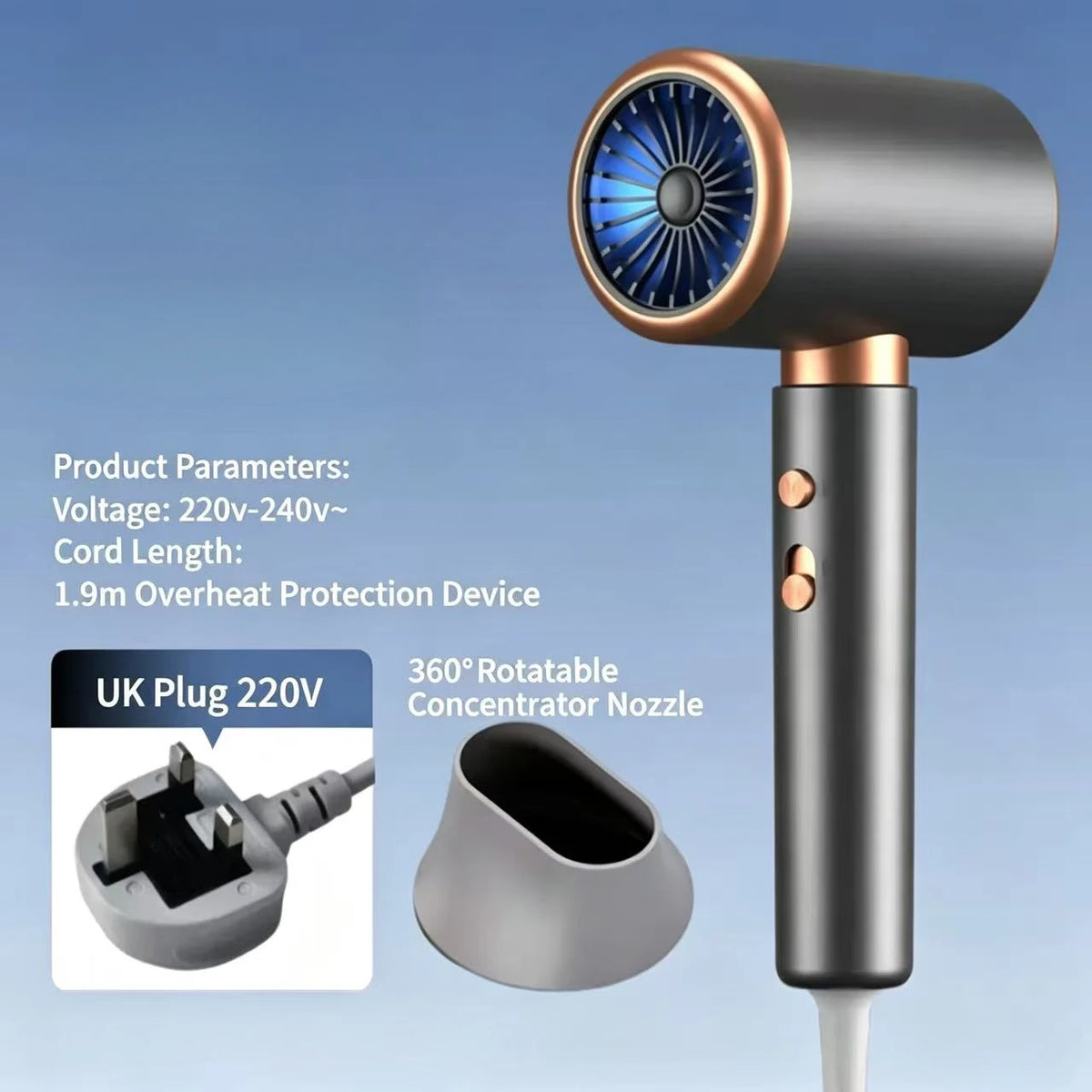 A black hair dryer with a brass accent, featuring a 360-degree rotatable concentrator nozzle and a UK plug.