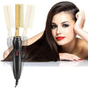 A woman is shown using a black hair straightener with two combs on a white surface.