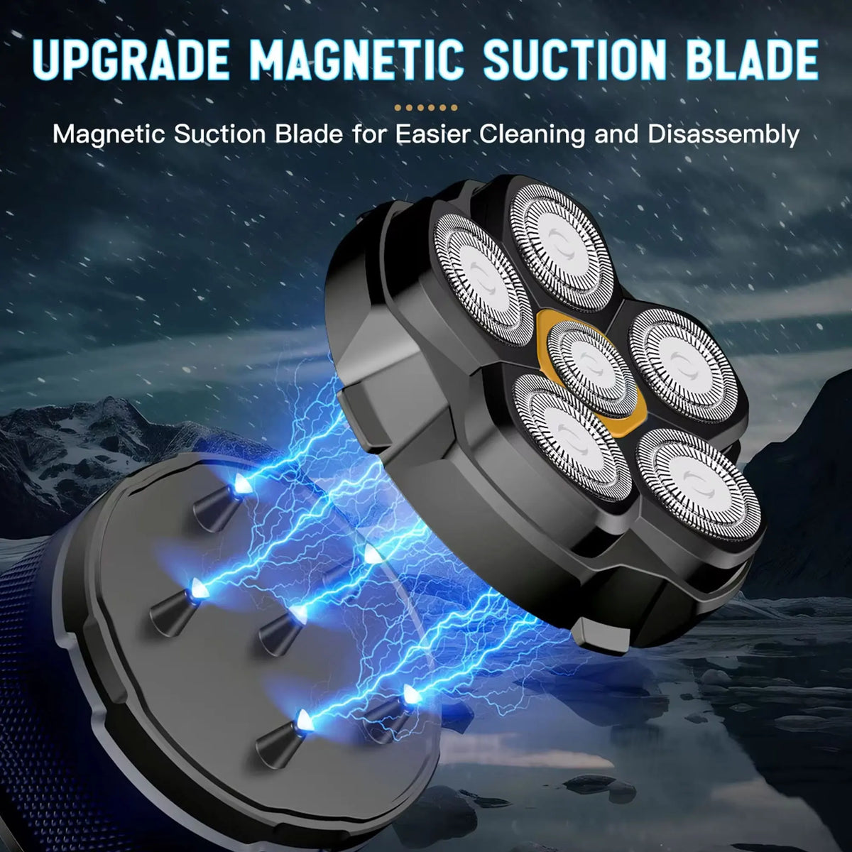 A magnetic suction blade is shown with blue electrical arcs, demonstrating its use for easier cleaning and disassembly.