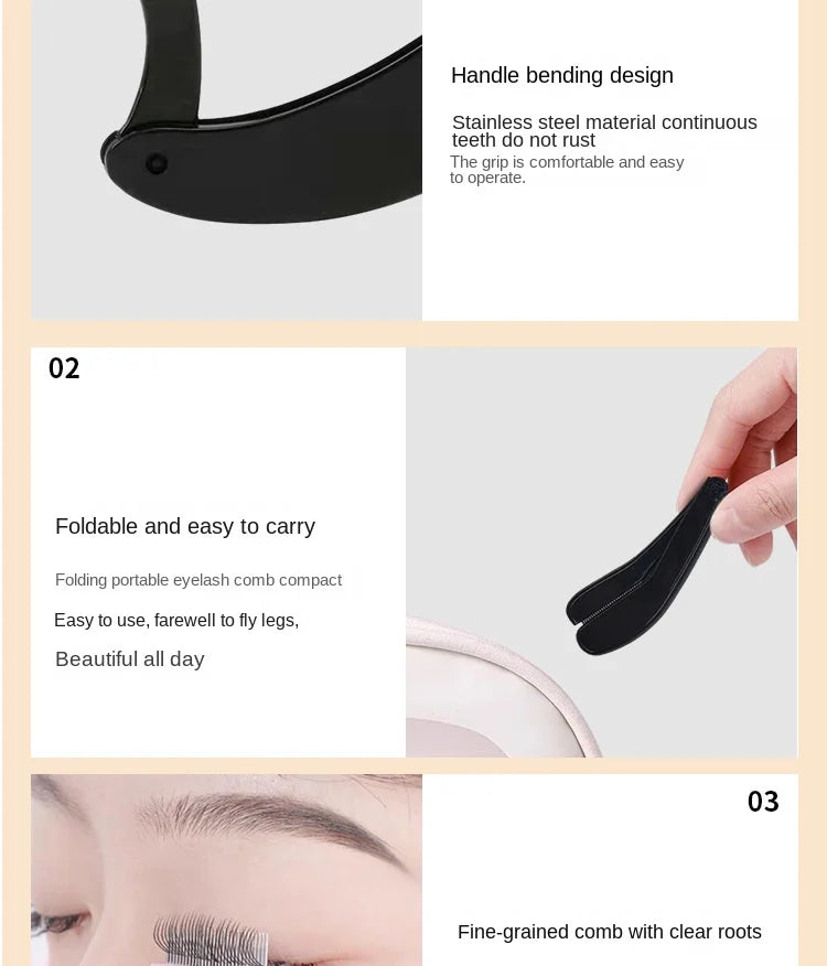 Gros plan d'un ensemble de peigne pour cils et sourcils en acier inoxydable noir pliable.