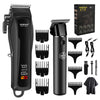 A black professional electric beard and hair trimmer with various attachments shown.