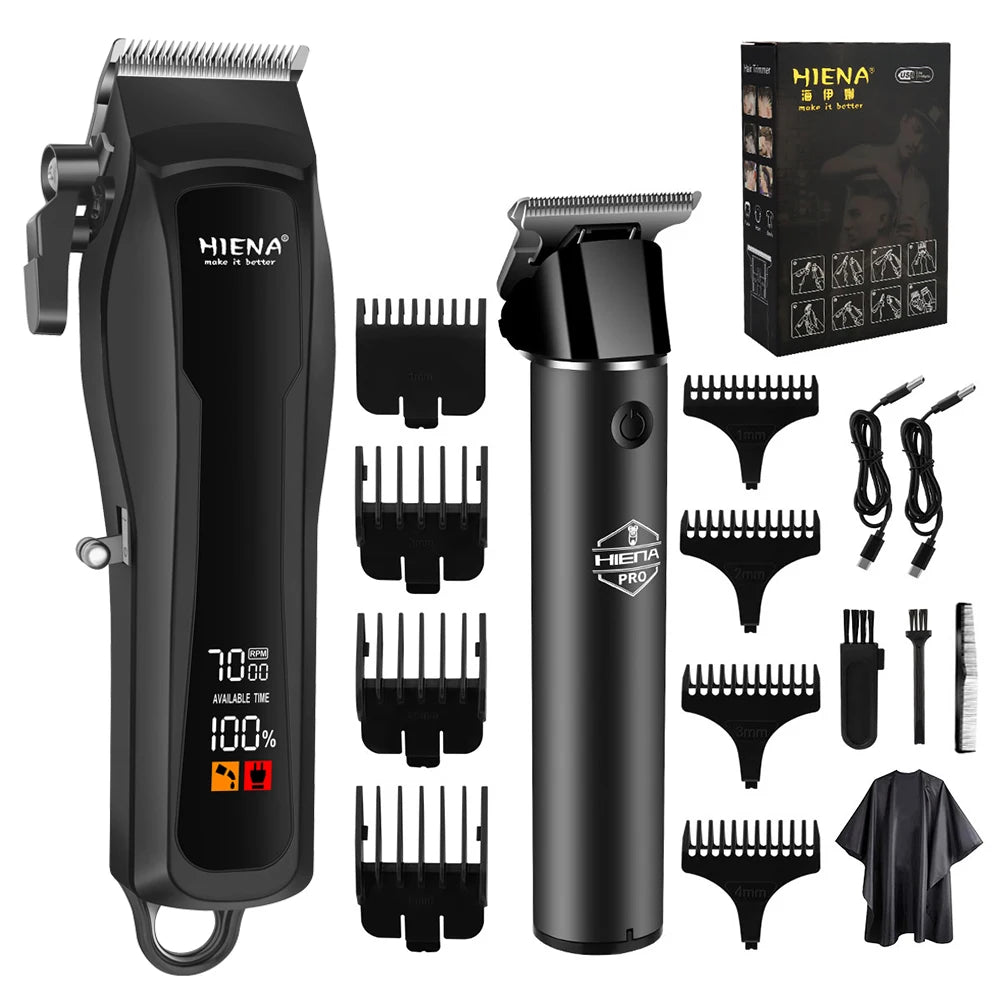 A black professional electric beard and hair trimmer with various attachments shown.