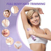 A woman is using a purple electric trimmer for full-body hair trimming, showing various body parts like face, arms, lips, and