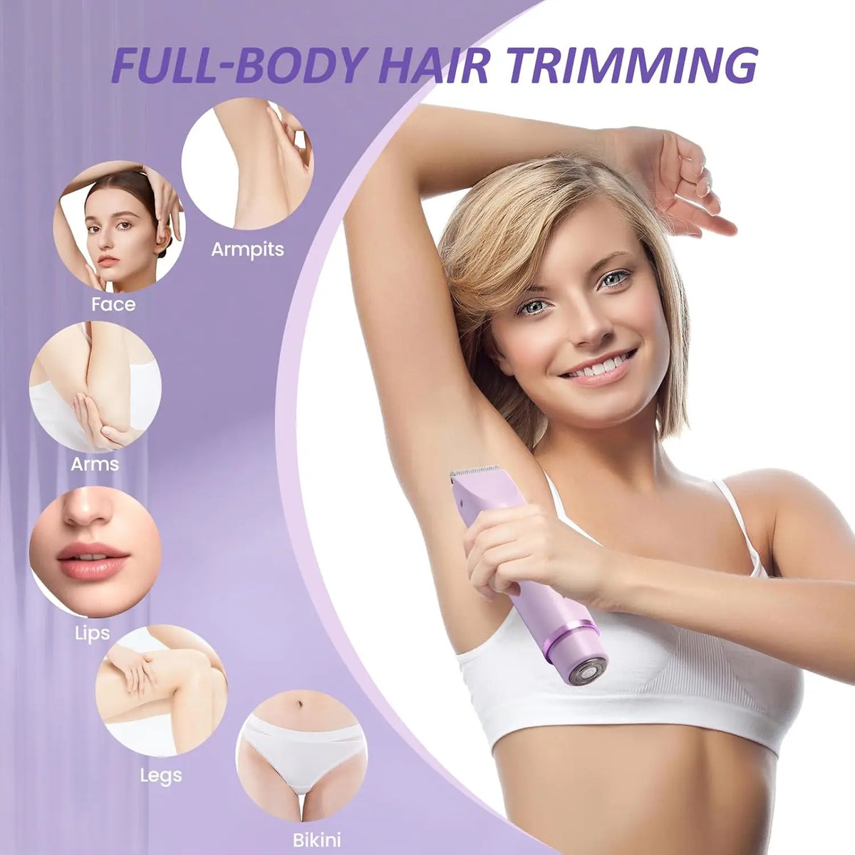 A woman is using a purple electric trimmer for full-body hair trimming, showing various body parts like face, arms, lips, and