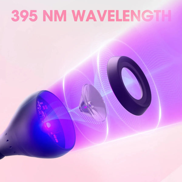A purple clip-on UV LED nail lamp with a flexible gooseneck emitting light.