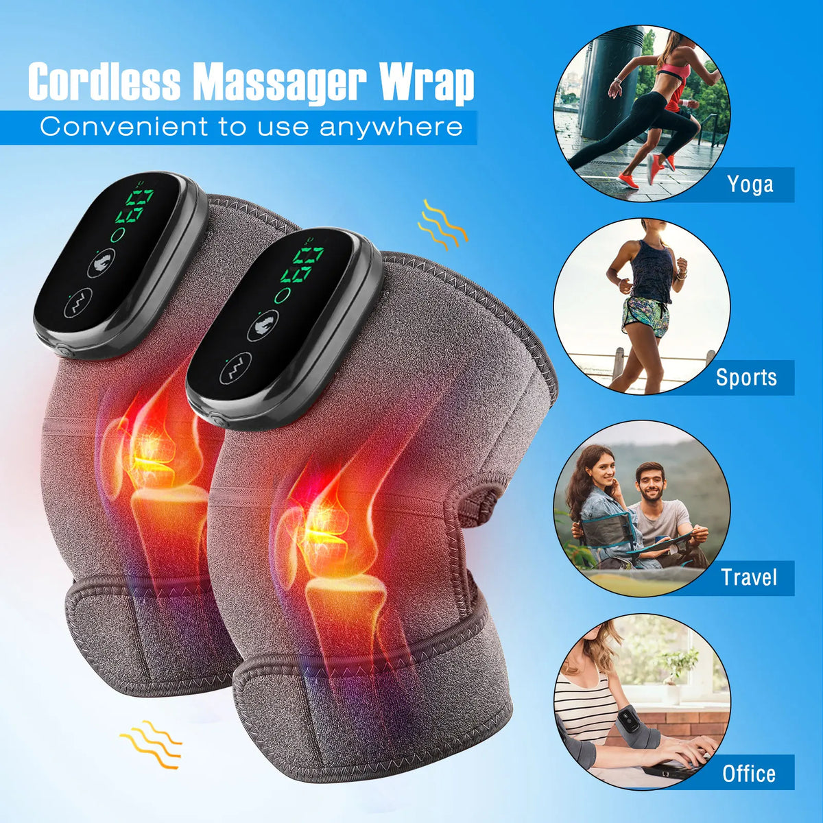 A cordless massager wrap device shown on a foot, with various activity icons indicating use for yoga, sports, travel, and off