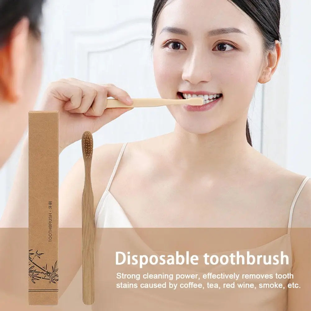 A woman is shown using a disposable bamboo toothbrush to clean her teeth.