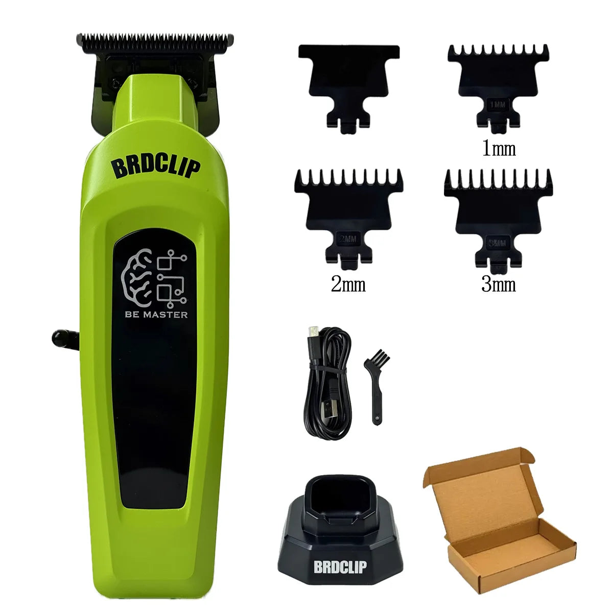 A lime green electric hair clipper with a black guard and accessories shown next to the product box.