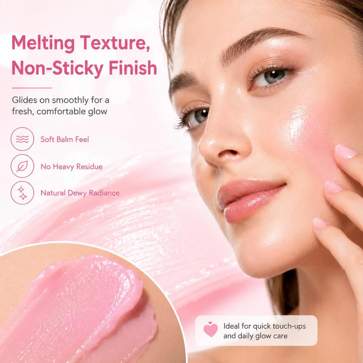 Close-up of a woman applying a pink balm stick to her face, showing a melting texture and natural dewy radiance.