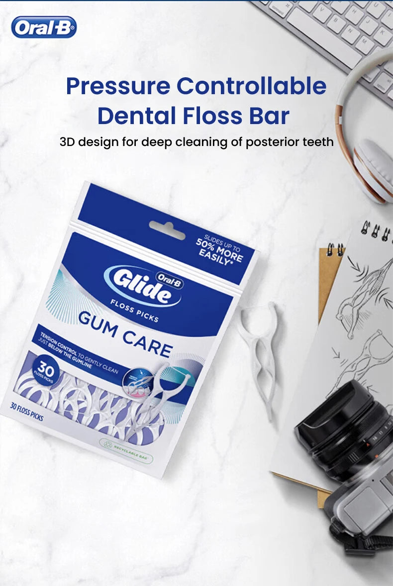 A package of Oral-B Glide floss picks for dental cleaning is shown on a white surface.