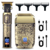 A professional electric shaver in gold and black with multiple adjustable shaving heads and charging cables.