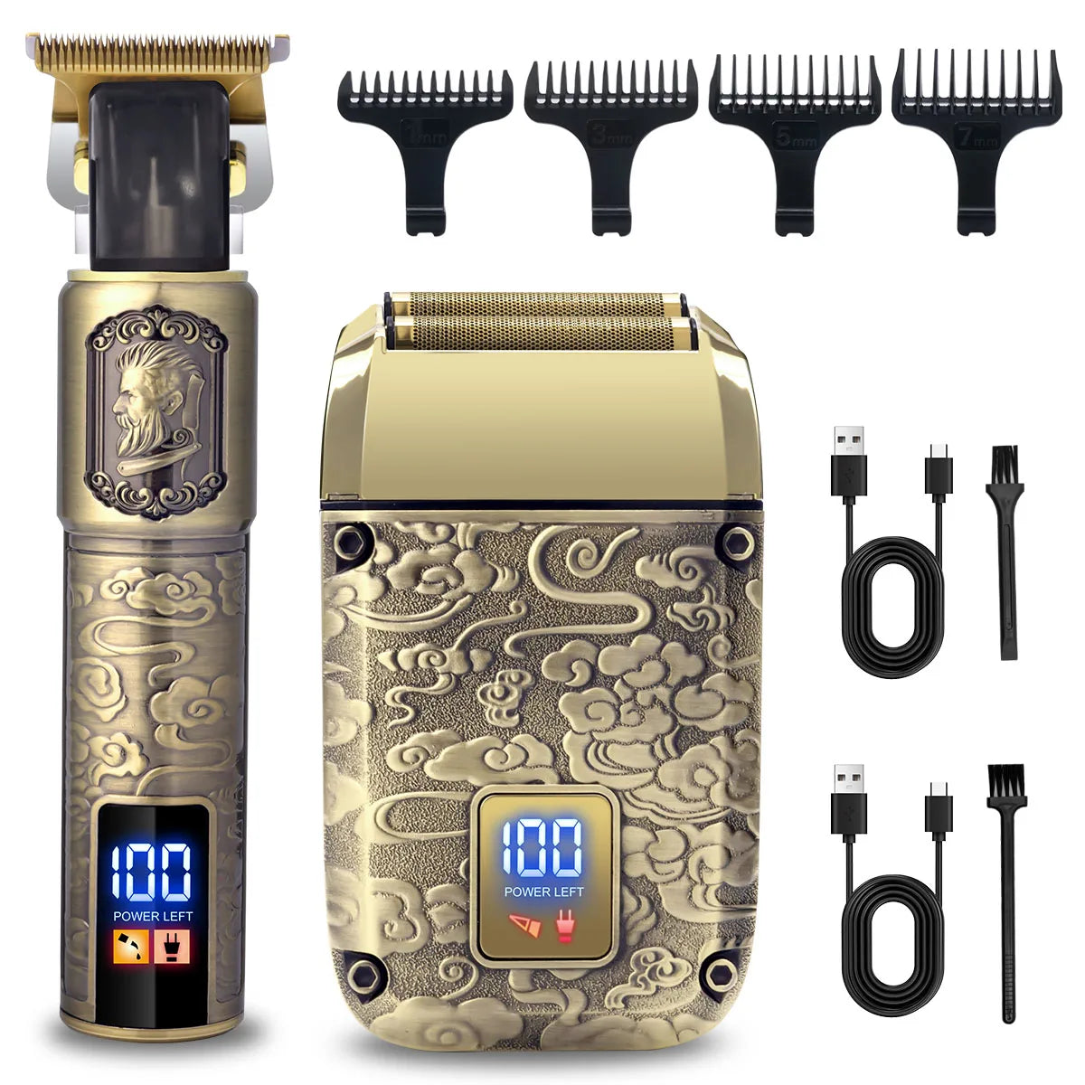 A professional electric shaver in gold and black with multiple adjustable shaving heads and charging cables.
