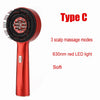 A red electric scalp massage comb with a Type C connector and 3 massage modes