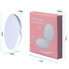 A pink box packaging for a 10X magnifying cosmetic mirror with various size dimensions shown.