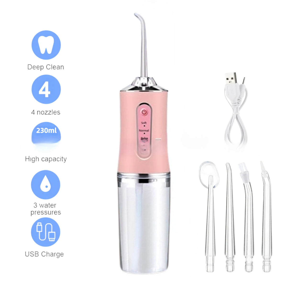 A pink portable USB rechargeable dental water flosser with four nozzles and three water pressures.