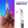 A pair of professional stainless steel nail and cuticle clippers shown against a purple background.