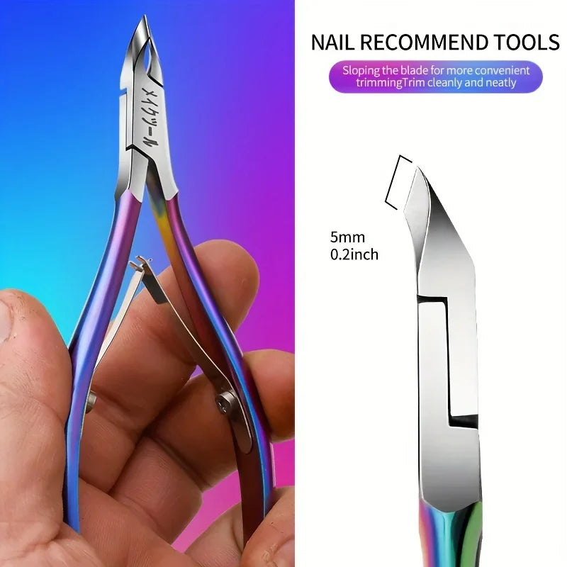 A pair of professional stainless steel nail and cuticle clippers shown against a purple background.