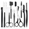 Un kit professionnel d'outils pour tailler et entretenir les sourcils, incluant peignes, pinces et ciseaux.